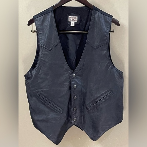 Vintage Western Frontier Men's Black Leather Vest Snap Button Size Large